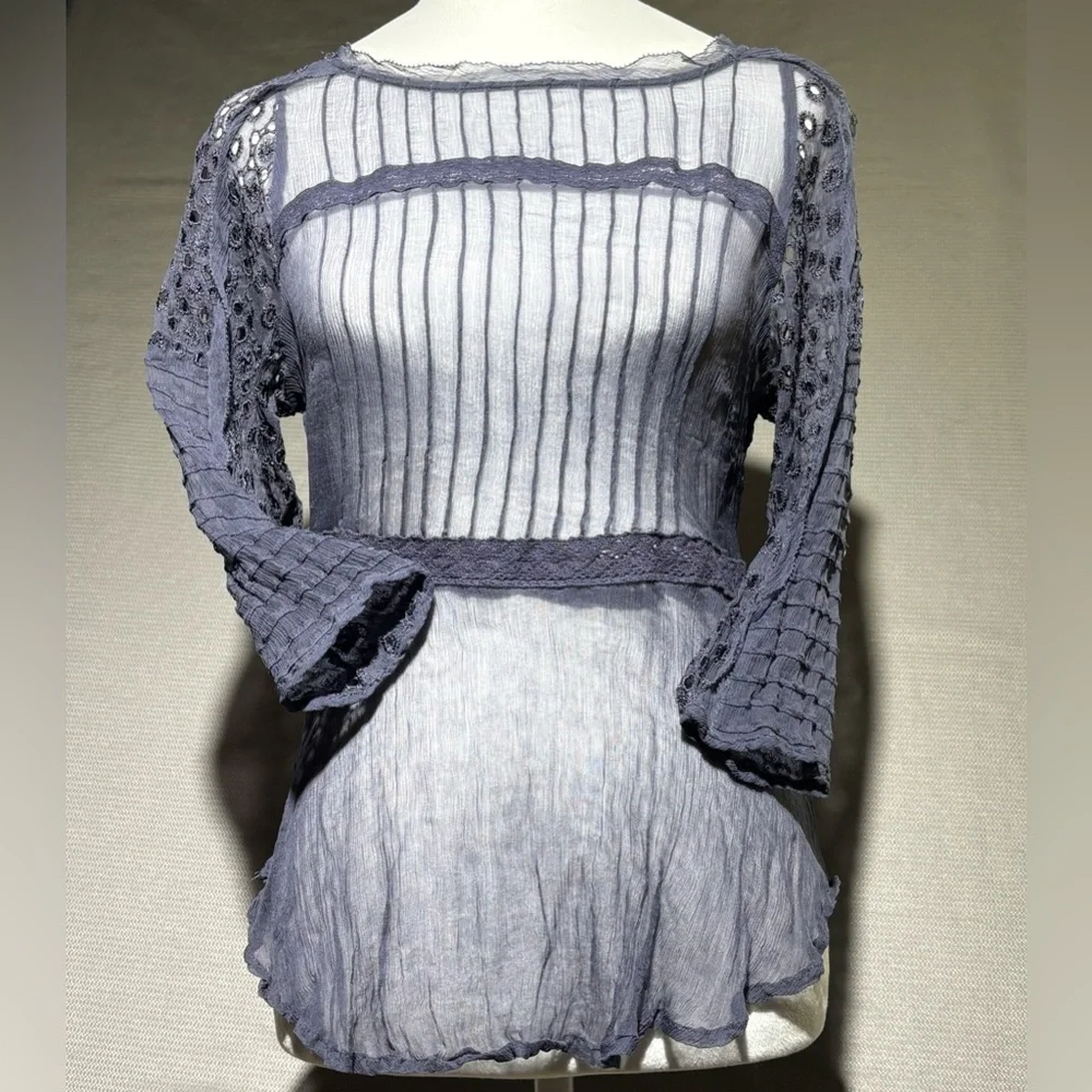 Sundance silk sheer whimsical blouse womans XS blue/gray romantic fairy ethereal - Picture 2 of 7